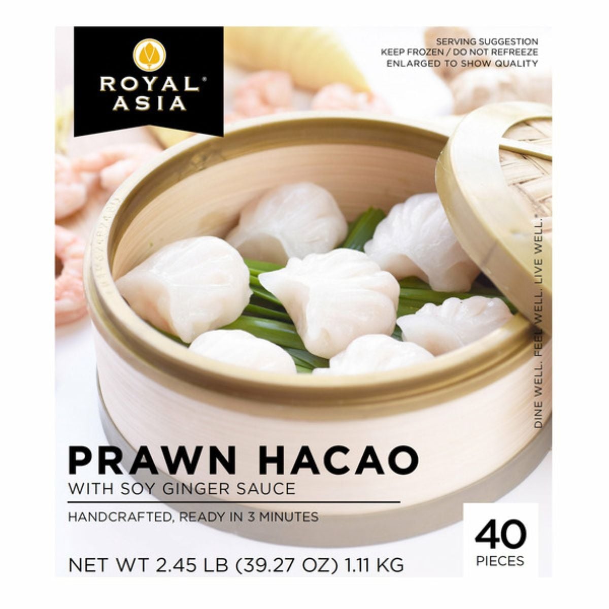 A package of Royal Asia Prawn Hacao with soy ginger sauce, featuring steamed prawn dumplings in a bamboo steamer on the front. The package contains 40 pieces and weighs 2.45 lbs (1.11 kg).