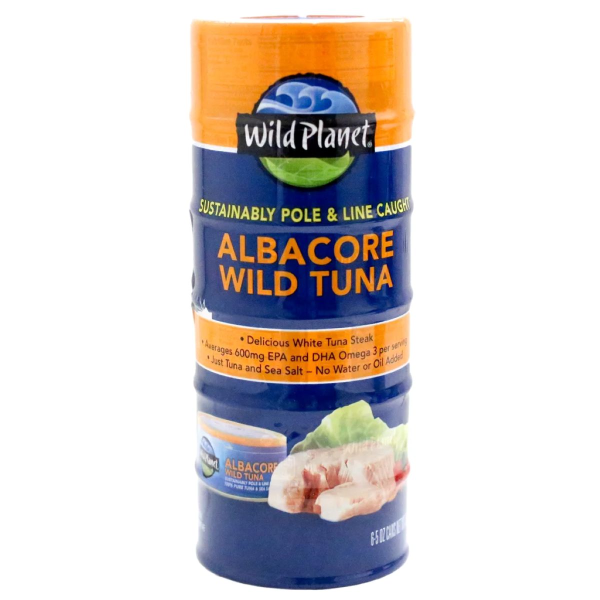 A can of Wild Planet Albacore Wild Tuna featuring an orange and blue label, highlighting that it is sustainably pole & line caught, with information about omega-3 content and no added water or fillers.