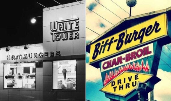 Split image: Left side shows a retro White Tower Hamburgers diner at night in black and white; right side shows a colorful vintage Biff-Burger Char-Broil Drive Thru sign against a blue sky.