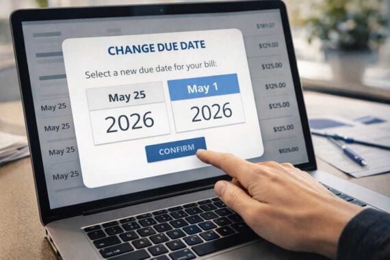 A person uses a laptop to try a bill paying trick on a website, selecting between May 25, 2026 and May 1, 2026 for their due date, and is about to click the "Confirm" button on the screen.