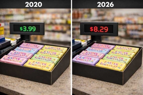 A side-by-side comparison shows the same display of Easter chocolate bars in 2020 priced at $3.99 and in 2026 priced at $8.29, highlighting a significant price increase over time.