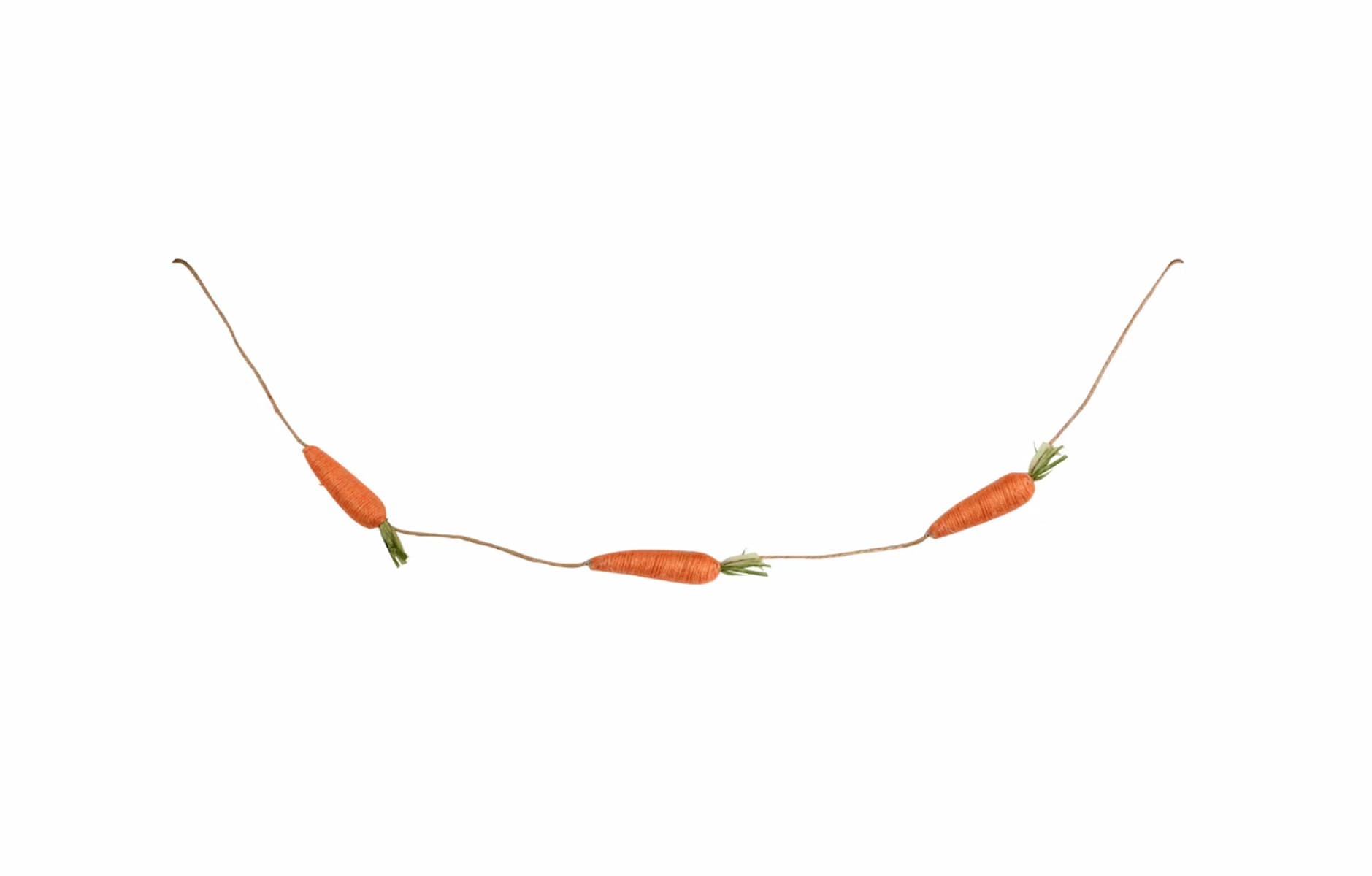 Three carrots strung along a piece of twine, spaced evenly apart, against a plain white background.