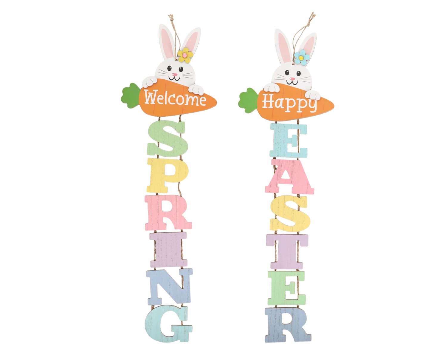 Two hanging Easter decorations feature bunnies holding carrots reading "Welcome" and "Happy," with pastel letters below spelling "SPRING" and "EASTER.