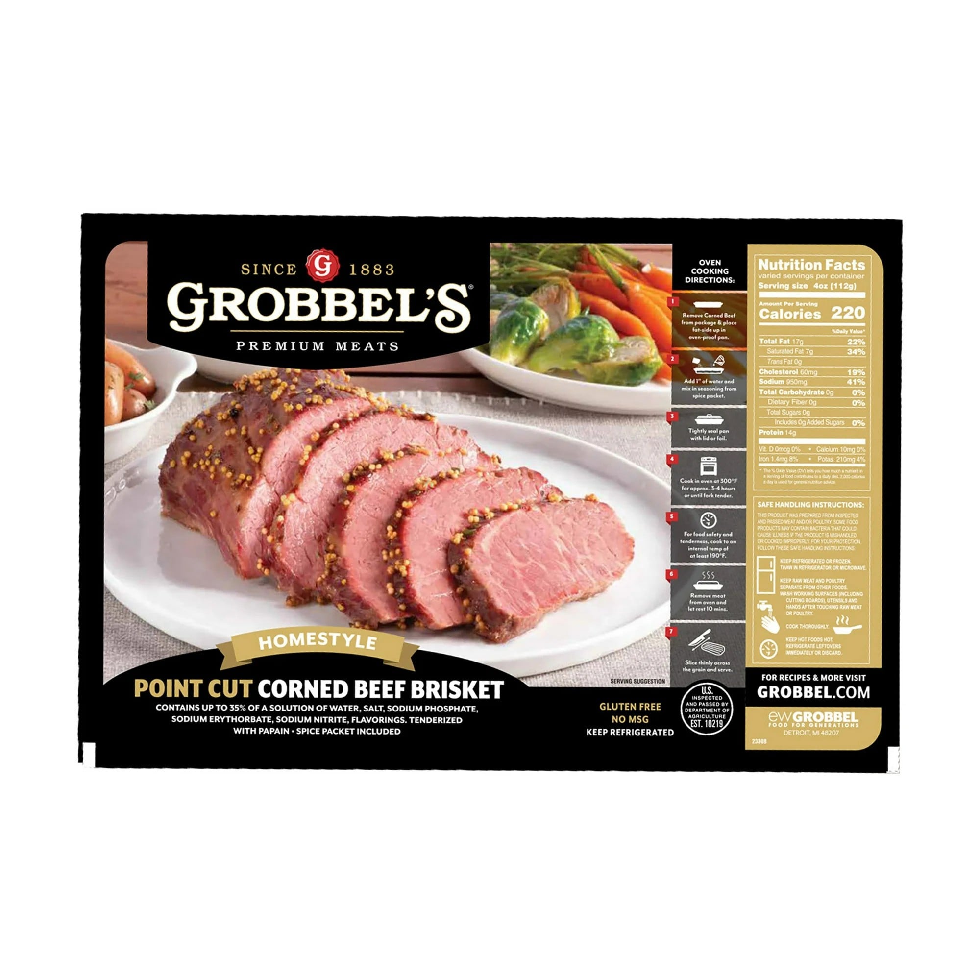 A package of Grobbel's Point Cut Corned Beef Brisket showing sliced brisket on a white plate with vegetables in the background. Nutrition facts and preparation details are visible on the right side of the box.