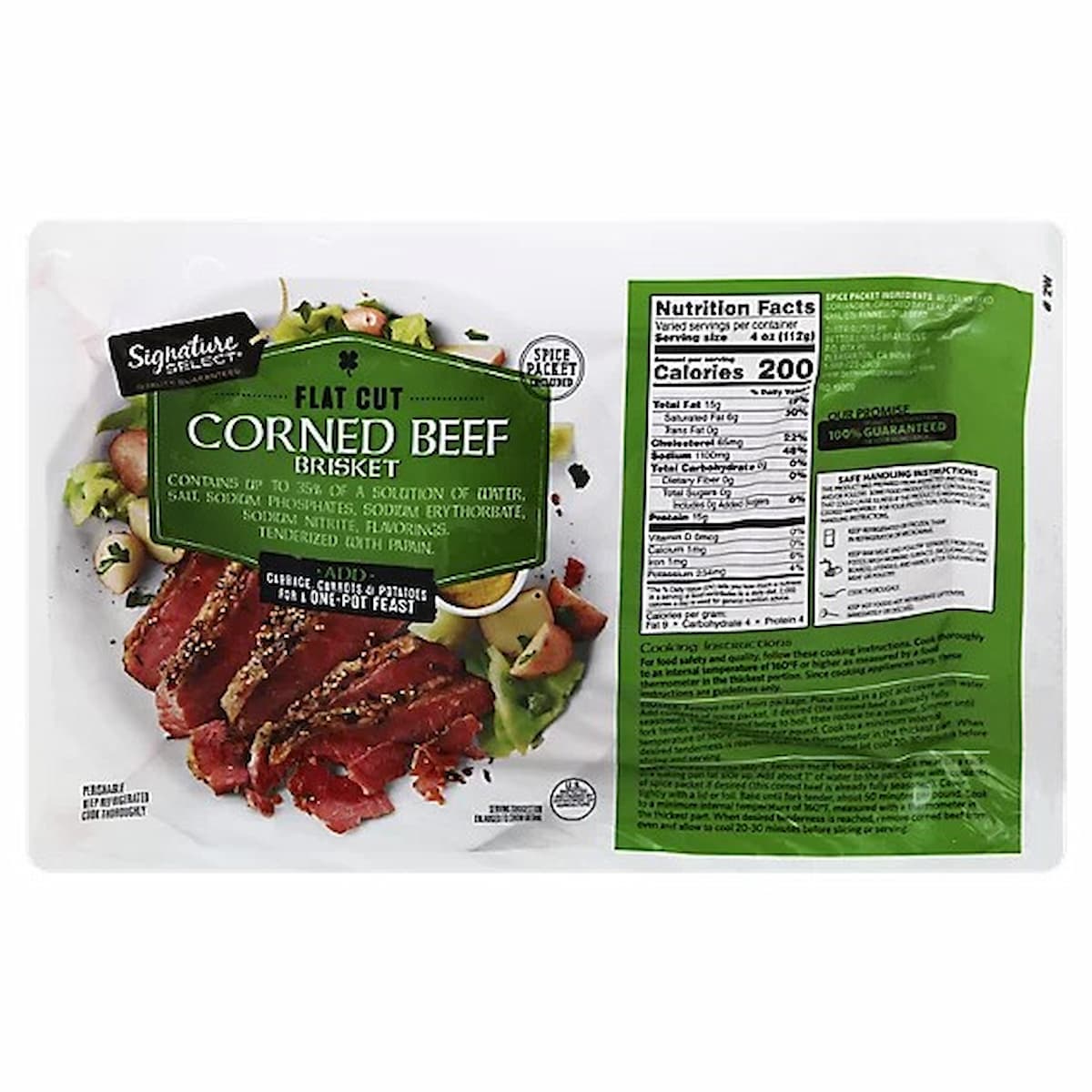 A package of Signature Select Flat Cut Corned Beef Brisket. The label shows sliced corned beef with vegetables, nutrition facts, ingredients, and cooking instructions on a white and green background.