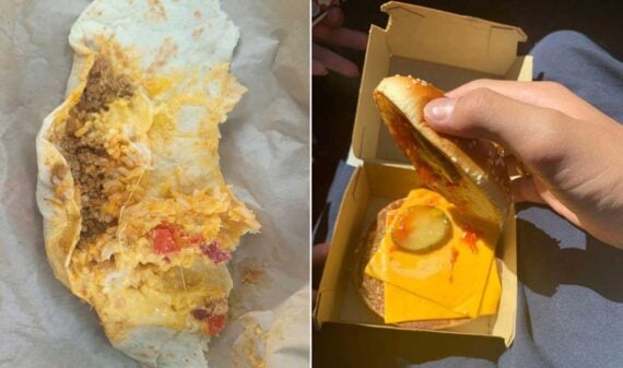 Left: A messy, partially unwrapped burrito with cheese, ground meat, and red bits. Right: A hand lifts the top bun off a cheeseburger in a takeout box, revealing cheese, pickles, and sauce&mdash;classic fast-food fails.