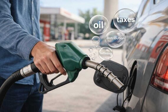 A person refuels a car with a green gas pump nozzle. Speech bubbles label the cost components of a gallon of gas: oil, taxes, distribution, and refining. A gas station is visible in the background.
