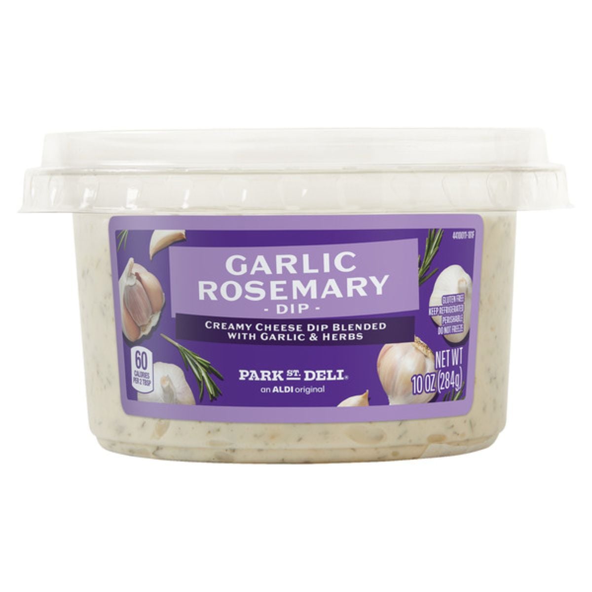 A plastic container of Park Street Deli Garlic Rosemary Dip, labeled as a creamy cheese dip blended with garlic and herbs, 10 oz (284g) size, with images of garlic and rosemary on the label.