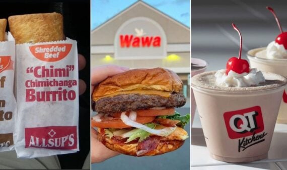 A collage showing classic gas station food: an Allsup&rsquo;s chimi burrito, a cheeseburger with lettuce and tomato held in front of a Wawa store, and two QT Kitchen milkshakes topped with whipped cream and cherries.