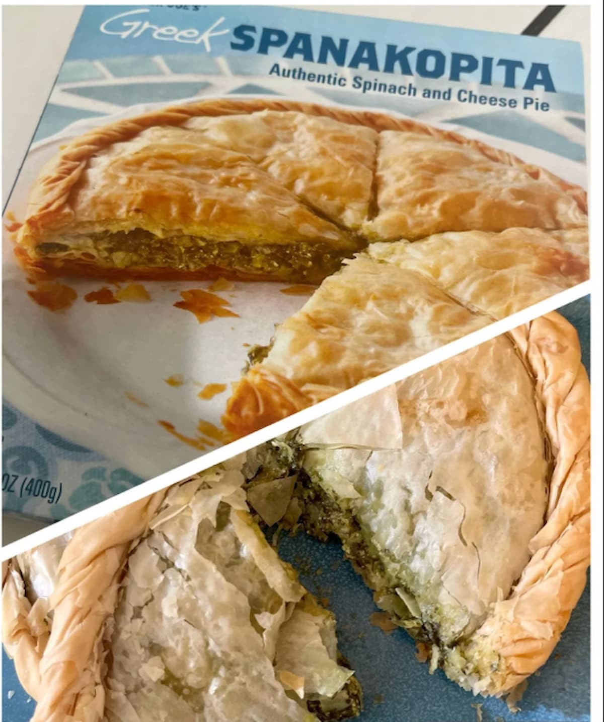 A box of Greek spanakopita (spinach and cheese pie) is shown at the top, with a baked spanakopita pie on a plate at the bottom, one slice removed to reveal the filling inside.