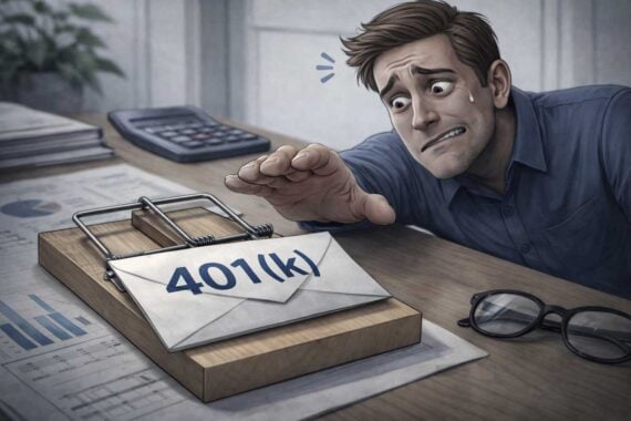 A worried man hesitantly reaches for an envelope labeled "401(k)" set in a giant mousetrap on a desk with paperwork, a calculator, and glasses, symbolizing anxiety about the risks when you tap into your 401(k) for retirement savings.