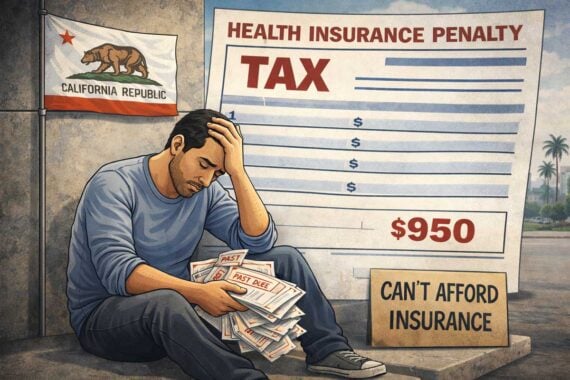 A man sits on a curb in front of a California flag, holding bills and looking stressed. Behind him, a large sign displays a $950 No-Health Insurance Penalties warning and a "Can't afford insurance" message.