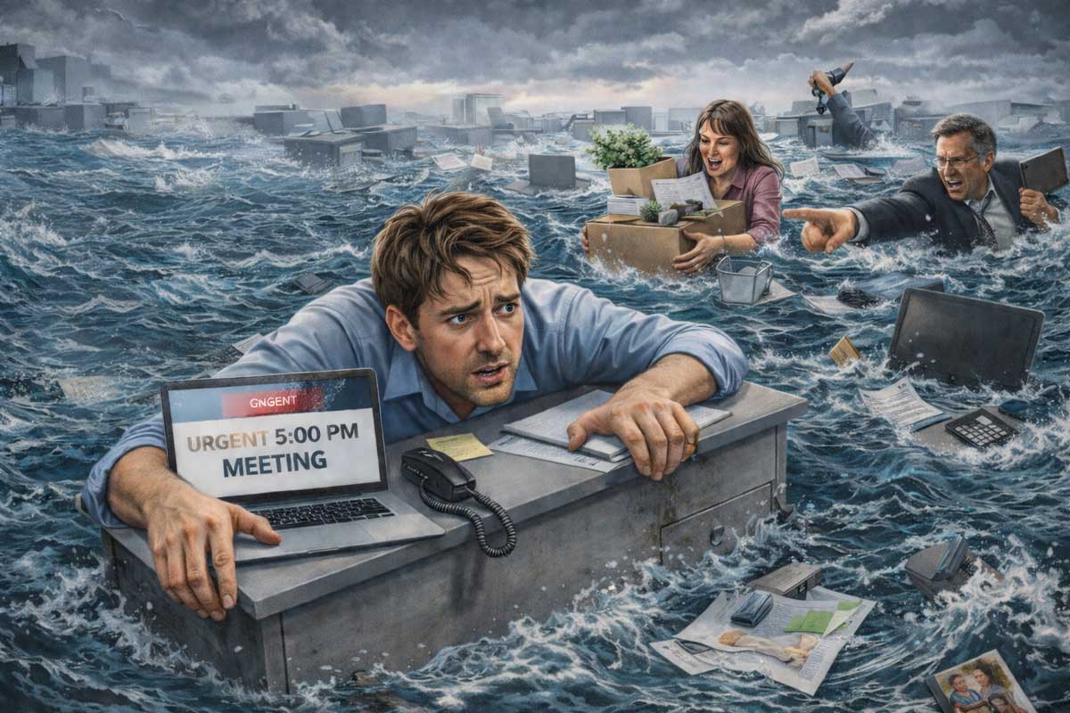 Three employees are hugging their jobs as they struggle to stay afloat in stormy floodwater, clinging to desks and office supplies. A laptop flashes an urgent meeting message while papers and electronics drift around them.