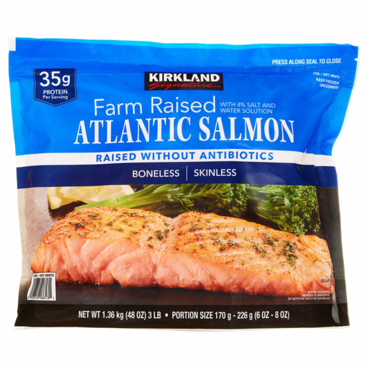 A package of Kirkland Farm Raised Atlantic Salmon, boneless and skinless, labeled "raised without antibiotics." The package shows a cooked salmon fillet with vegetables and states 35g protein per serving.