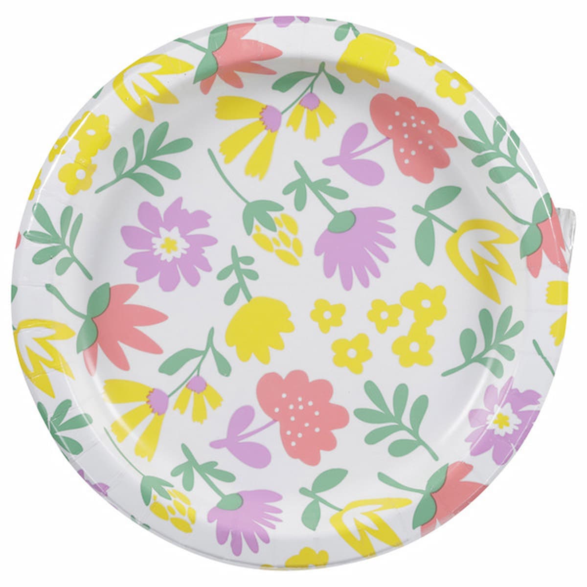 A round paper plate decorated with a pattern of colorful flowers in pink, yellow, and purple with green leaves on a white background.