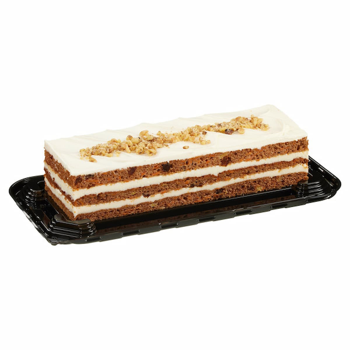 A rectangular layered carrot cake with white cream cheese frosting between layers, topped with chopped walnuts, displayed on a black plastic tray.