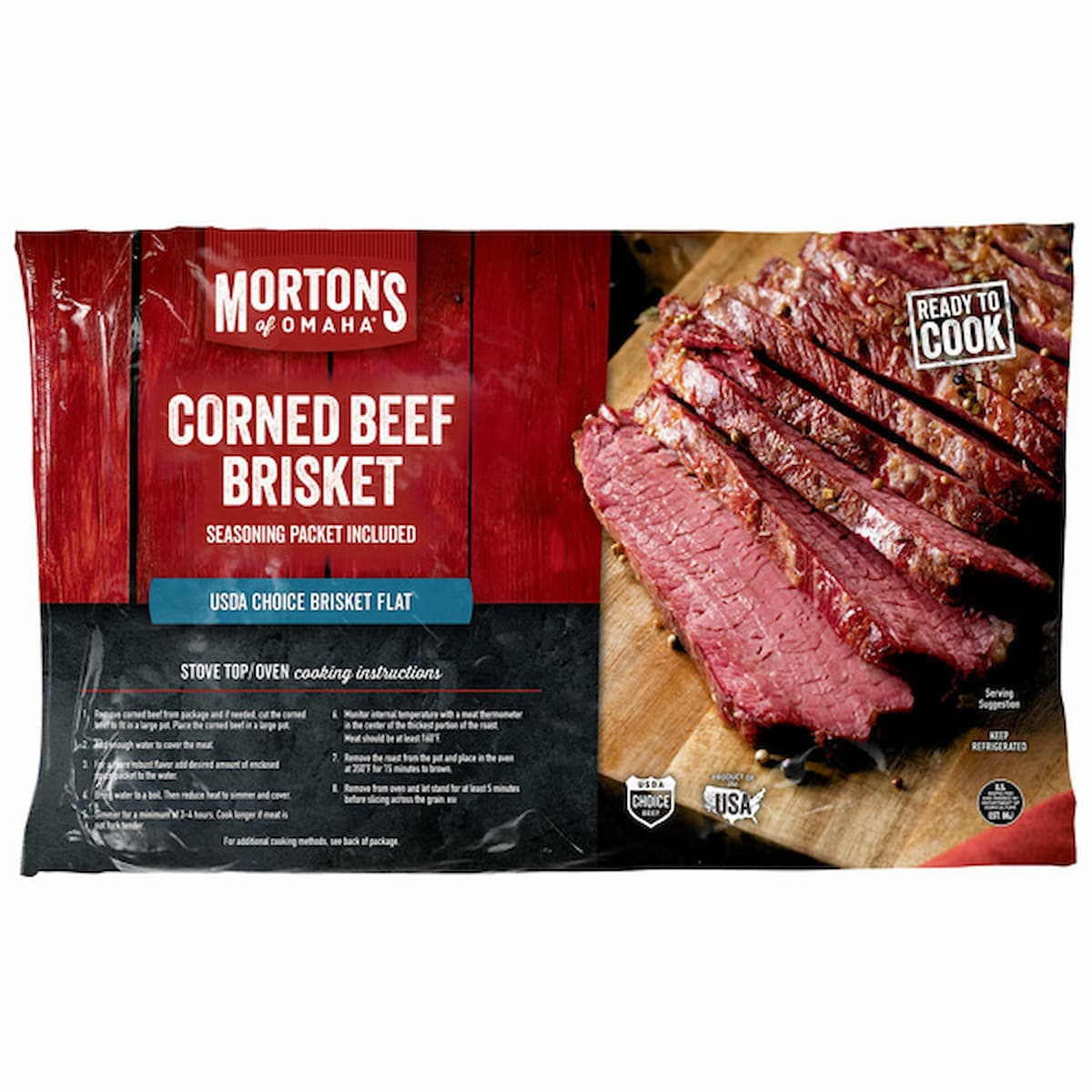 Package of Morton's of Omaha Corned Beef Brisket showing sliced cooked brisket on a cutting board. Text highlights that it's USDA Choice brisket, ready to cook, with a seasoning packet included.