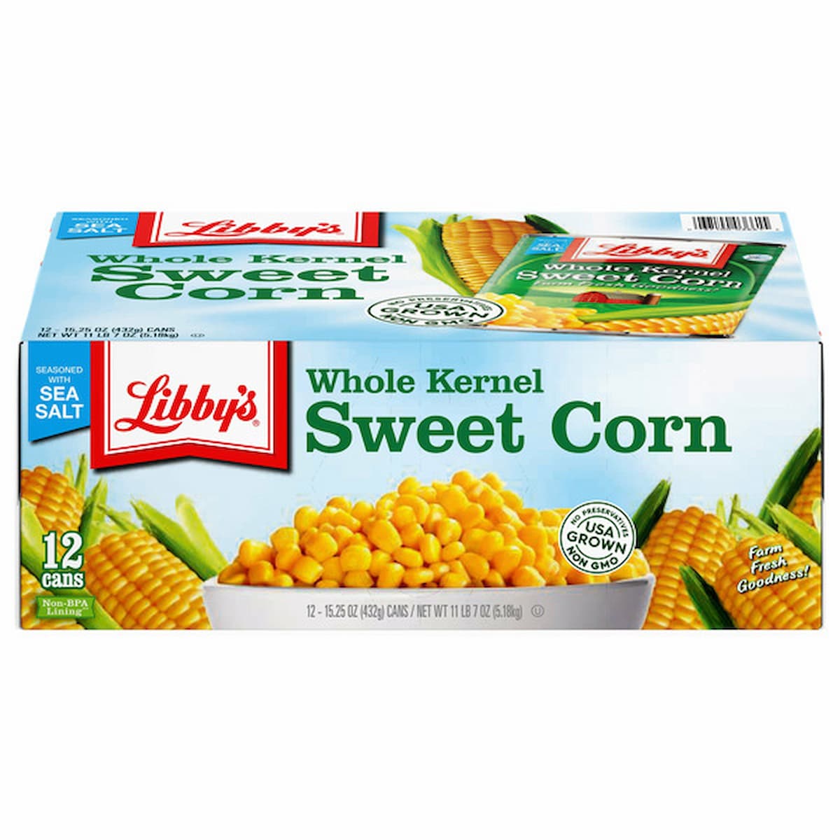 A 12-pack box of Libby’s Whole Kernel Sweet Corn with sea salt, featuring images of corn kernels and cobs on the box and labels mentioning "USA Grown" and "Farm Fresh Goodness.