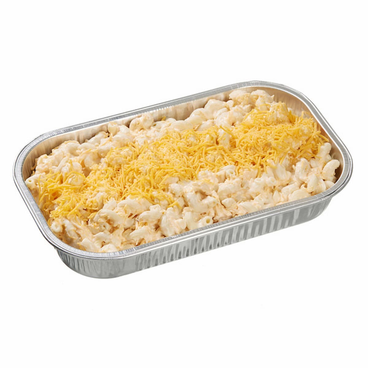 A rectangular foil tray filled with macaroni and cheese, topped with a layer of shredded cheddar cheese, ready for baking or serving.