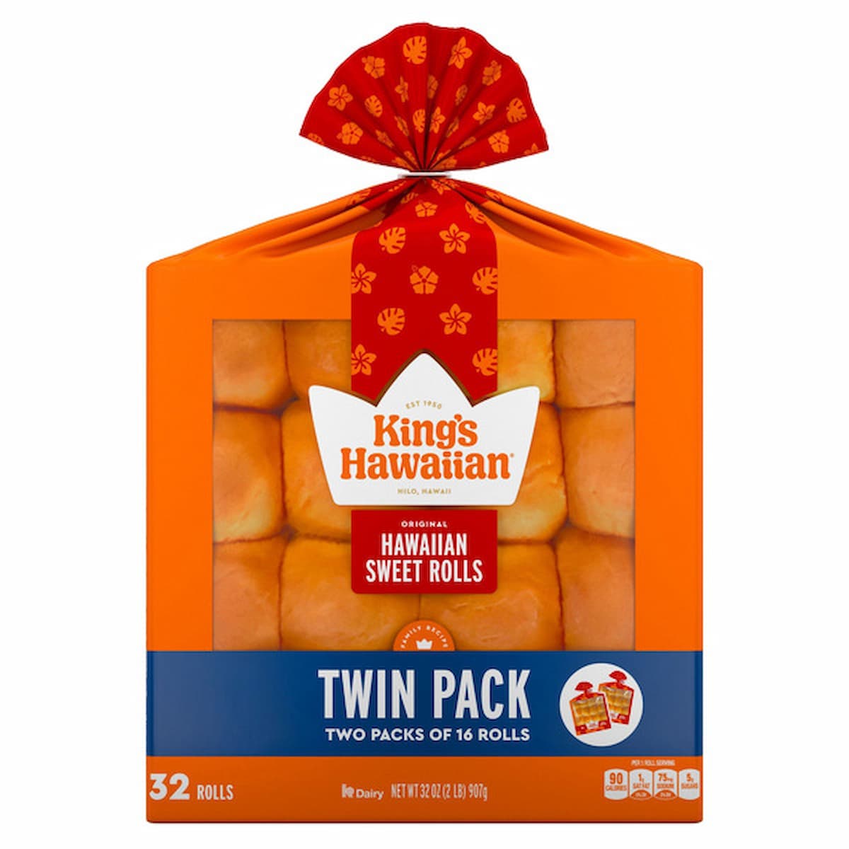 A package of King's Hawaiian Original Hawaiian Sweet Rolls, labeled Twin Pack with two packs of 16 rolls, 32 rolls total. The packaging is orange with a clear window showing the rolls inside.