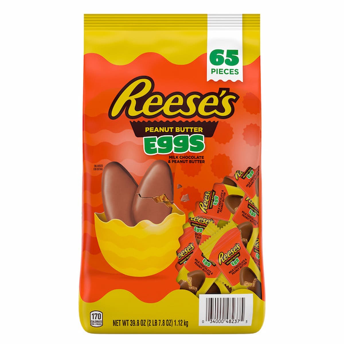A bag of Reese’s Peanut Butter Eggs candy, featuring an image of chocolate eggs with peanut butter filling and several individually wrapped eggs. The bag advertises 65 pieces and has a red and yellow design.