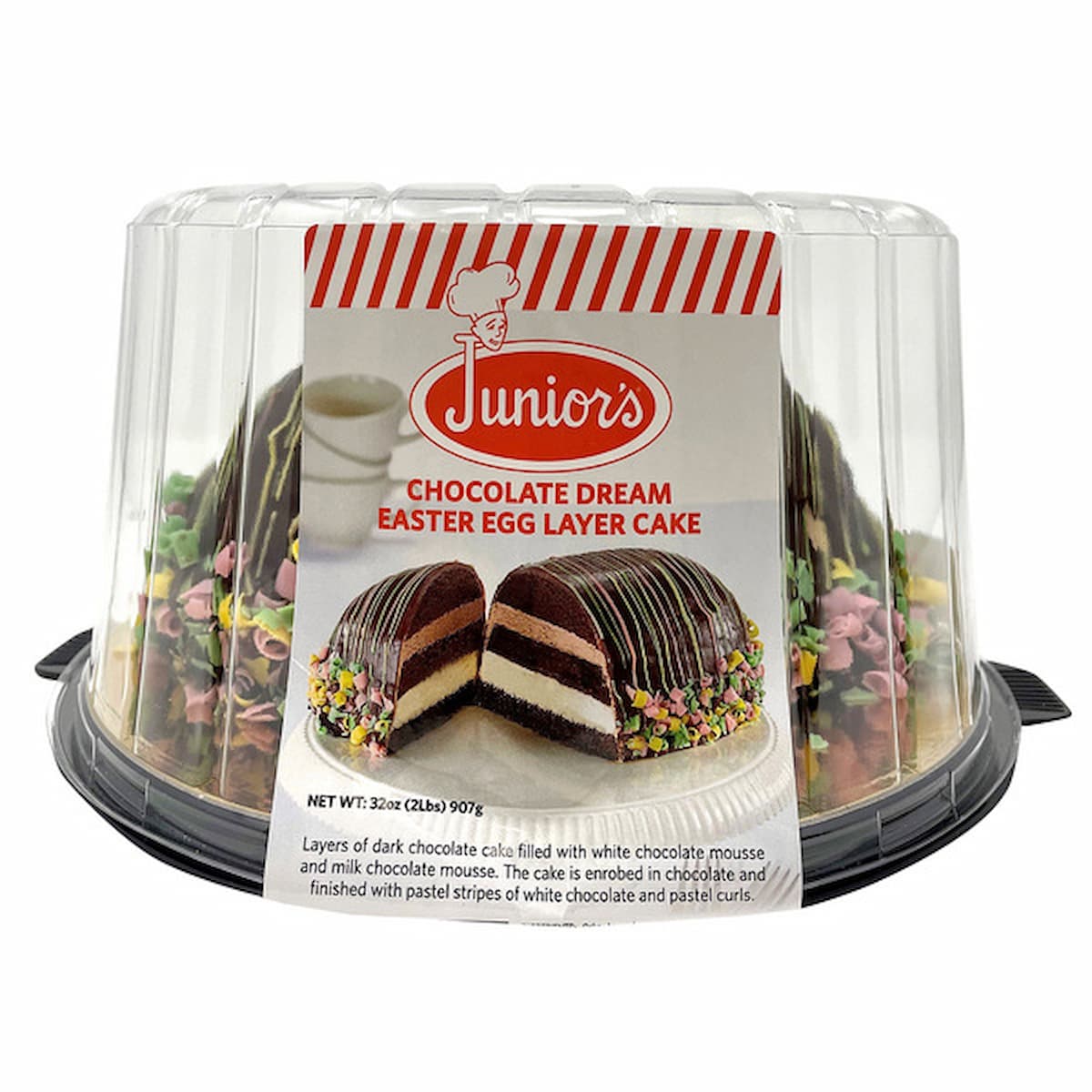 A packaged Junior’s Chocolate Dream Easter Egg Layer Cake with a chocolate glaze, pastel sprinkles, and images of the sliced cake showing dark chocolate and mousse layers on the label.