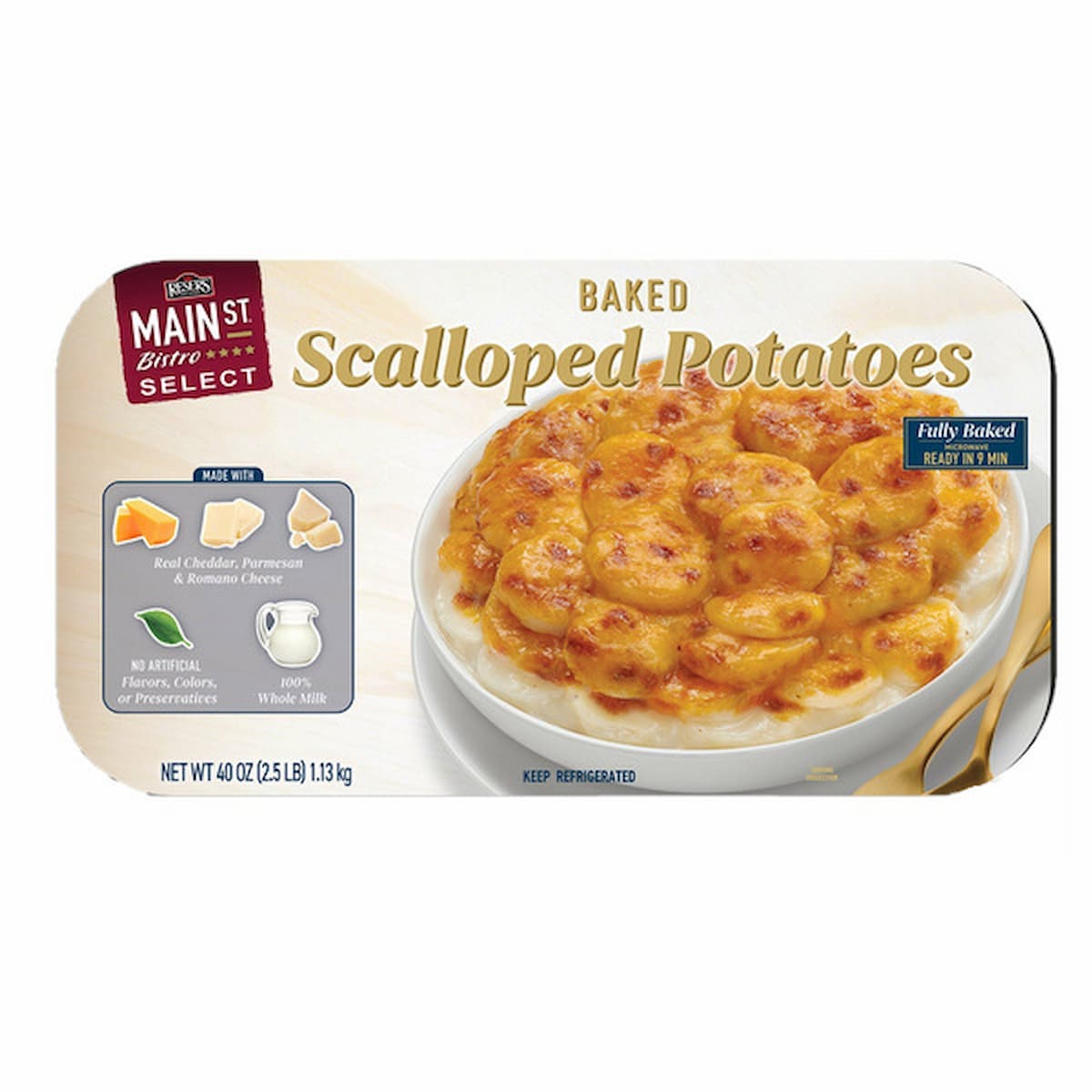 A package of Main St Bistro Select Baked Scalloped Potatoes, showing a bowl of cheesy scalloped potatoes on the front, with product details and ingredient icons including cheese and milk.