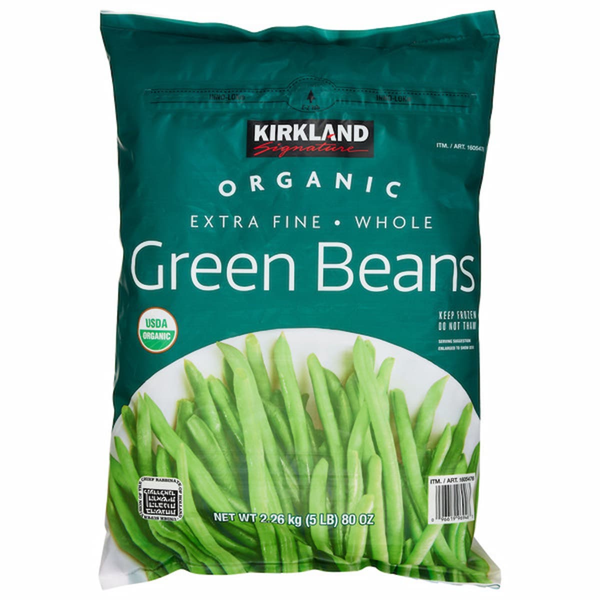 A bag of Kirkland Signature Organic Extra Fine Whole Green Beans, showing fresh green beans on the packaging with USDA Organic label. The bag contains 80 oz (2.26 kg) of frozen green beans.