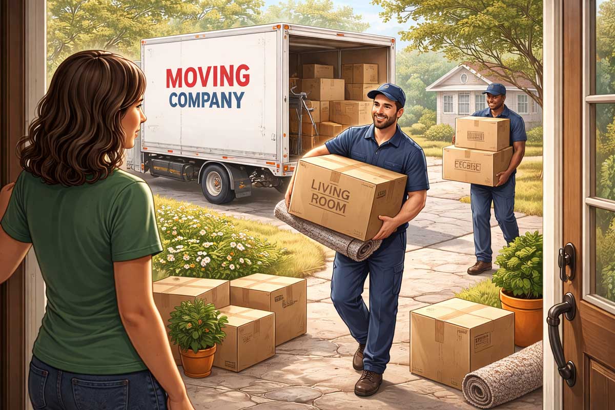 Two movers carry boxes and a rolled-up rug labeled "LIVING ROOM" from a moving truck parked outside a house—a clear sign you've made it as a millennial. A woman watches from the doorway as more boxes await among potted plants.