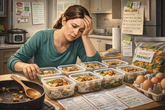A woman sits in a kitchen looking stressed while prepping multiple containers of meals. Grocery lists, meal plans, and a "budget friendly" sign highlight her focus on money habits and careful meal planning.