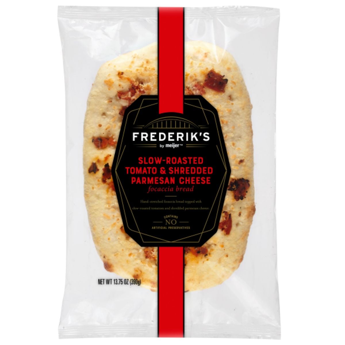 A package of Frederik's Slow-Roasted Tomato & Shredded Parmesan Cheese focaccia bread, featuring a rectangular flatbread with visible tomato and cheese pieces in a clear wrapper with black and red label.