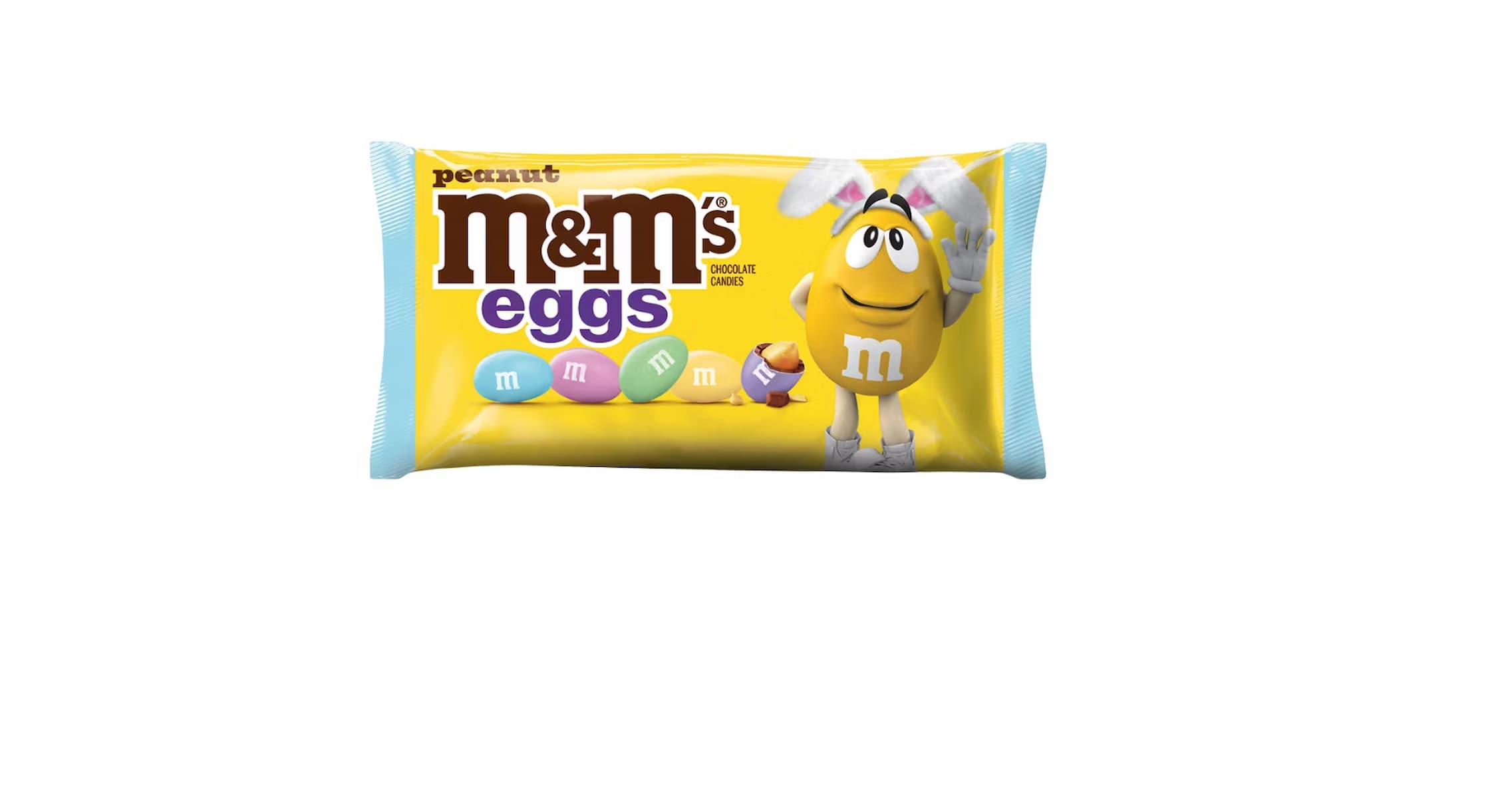 A yellow bag of Peanut M&M’s Eggs featuring pastel-colored candy eggs and the yellow M&M character wearing bunny ears, waving. The package has a light blue border and "double chocolate" text.