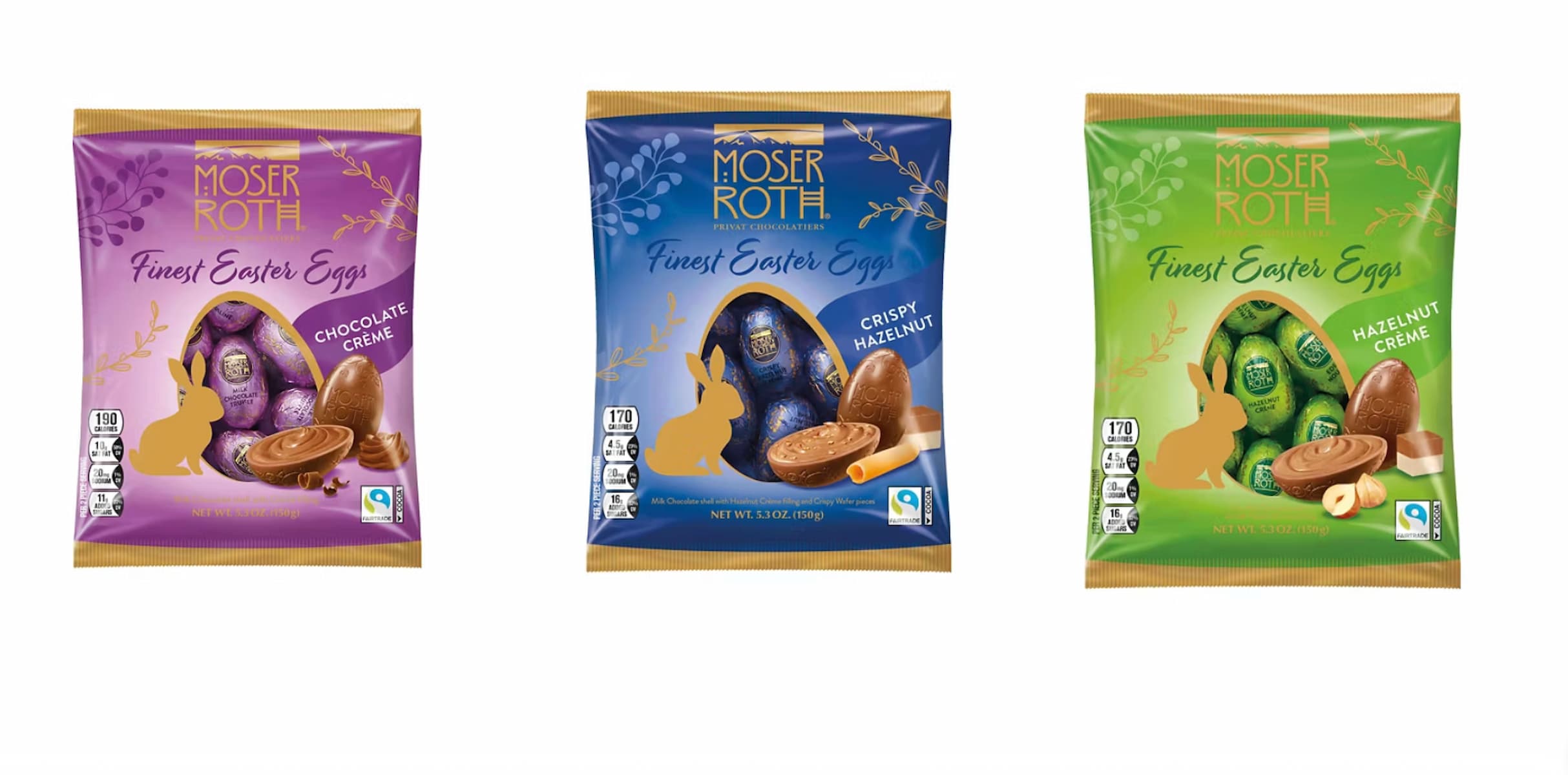Three Moser Roth Finest Easter Eggs bags: chocolate crème flavor in a purple package, crispy hazelnut in blue, and hazelnut crème in green, each with illustrations of eggs, chocolate, and gold accents.