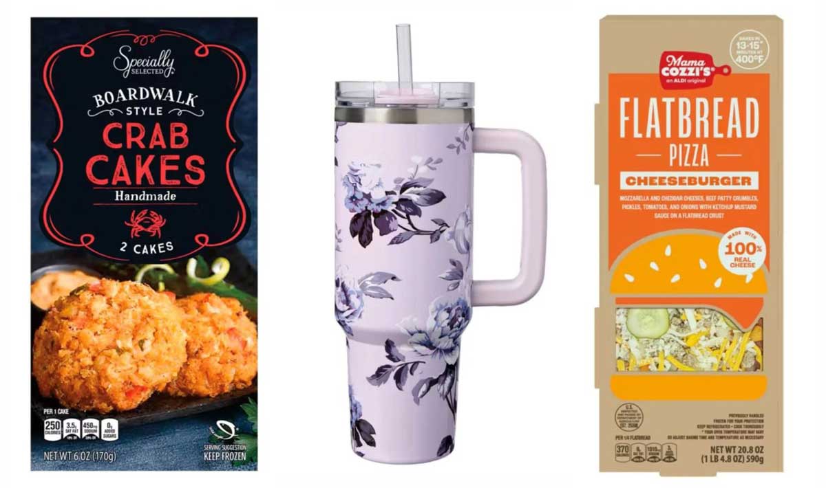 Three new Aldi products: a box of Boardwalk Style Crab Cakes, a large floral-patterned tumbler with a straw, and a Mama Cozzi’s Flatbread Pizza Cheeseburger box, all displayed upright on a white background.