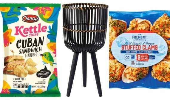 A bag of Clancy&rsquo;s Cuban Sandwich Kettle Chips, a black woven tripod planter, and a package of Fremont Stuffed Clams&mdash;these exciting new ALDI products are displayed side by side against a white background.