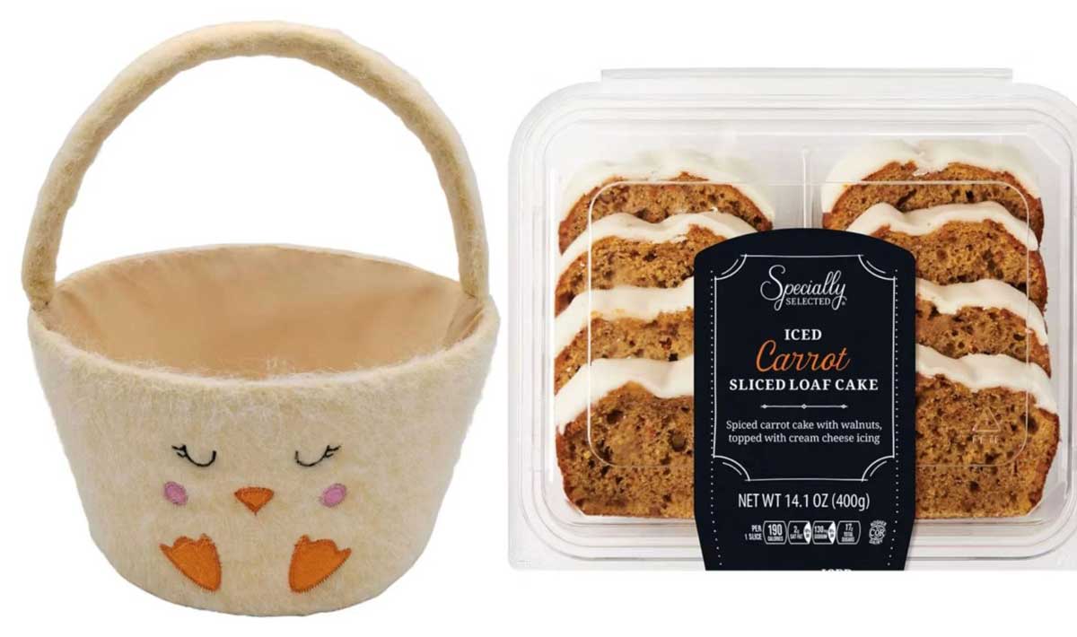 A cream-colored Easter basket with an embroidered chick face sits next to a plastic container of five slices of iced carrot loaf cake with cream cheese icing—perfect for sampling the latest new Aldi products this spring.