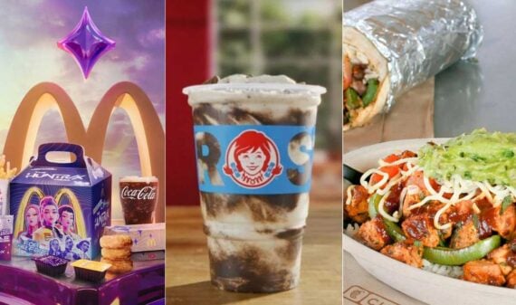 Collage of three new fast-food items: a McDonald's meal with a purple promo box, a drink from Wendy's with a swirled appearance, and a Chipotle bowl and burrito filled with various toppings.