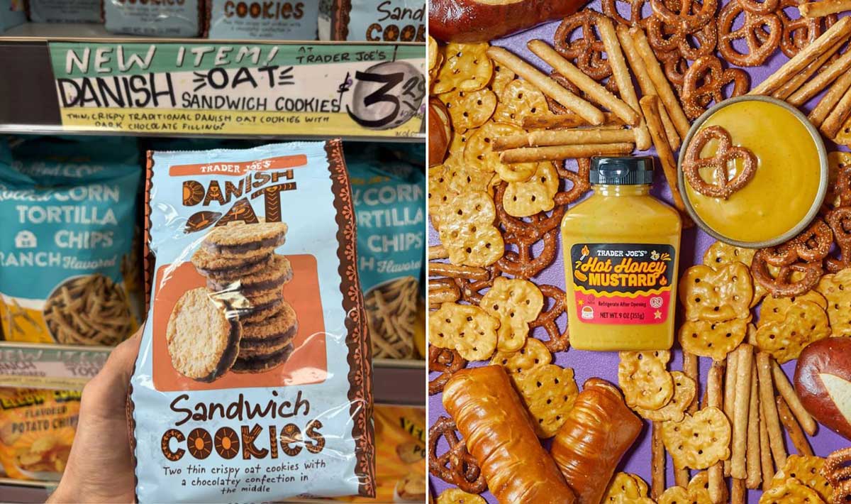 Left: A hand holds a bag of New Trader Joe's Products—Danish Sandwich Cookies—in front of a store shelf. Right: Pretzels, breadsticks, and pretzel buns surround a jar of Trader Joe’s Hot Honey Mustard with a dipping bowl in the center.