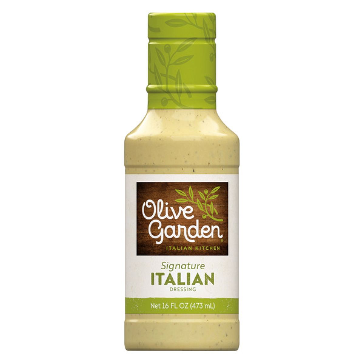 A bottle of Olive Garden Signature Italian Dressing, featuring a green cap and label with the Olive Garden logo and text, containing 16 fluid ounces (473 mL).