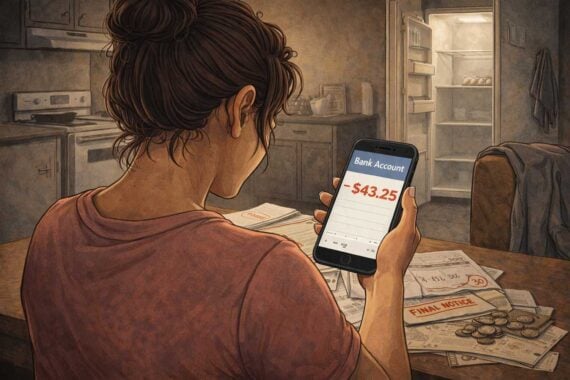 A woman sits at a kitchen table covered with bills, holding a phone showing a negative bank balance of -$43.25. The dim room and nearly empty fridge highlight the struggle of living paycheck to paycheck.