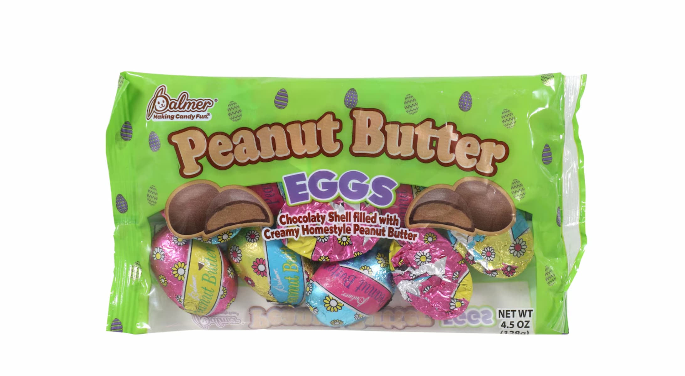 A green bag of Palmer Peanut Butter Eggs, featuring colorful foil-wrapped chocolate eggs with a label showing chocolate eggs filled with creamy peanut butter. The net weight is 4.5 oz.