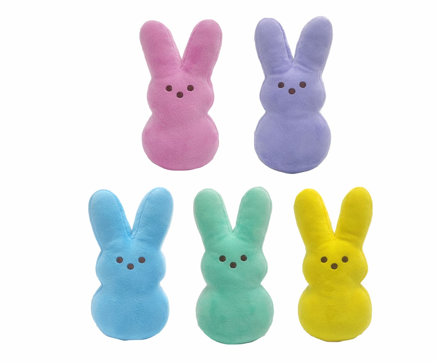 Five plush bunny toys are arranged in two rows, with colors pink and purple at the top, and blue, green, and yellow at the bottom. Each bunny has brown eyes and nose, and stands upright.