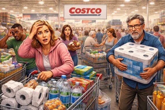 A crowded Costco store with anxious shoppers filling carts with bulk items like water and toilet paper; people look stressed and overwhelmed under the large Costco sign.