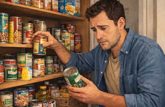A man in a denim shirt looks worried as he examines canned food labels in a well-stocked pantry, holding one can in each hand and surrounded by neatly arranged shelves of canned goods.