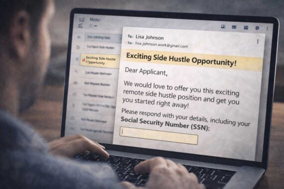 A person looks at a laptop screen displaying an email titled "Exciting Side Hustle Opportunity!" The fake side hustle message asks for a Social Security Number, making the suspicious email appear to be a potential scam.
