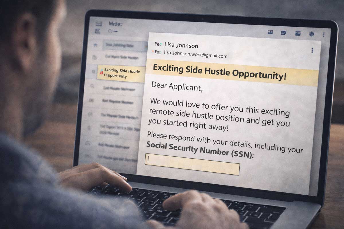 A person looks at a laptop screen displaying an email titled "Exciting Side Hustle Opportunity!" The fake side hustle message asks for a Social Security Number, making the suspicious email appear to be a potential scam.