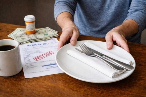 A person sets down an empty plate with utensils on a napkin over a medical bill stamped "PAST DUE," highlighting the struggle to afford healthcare, with cash, a pill bottle, and coffee on a wooden table.