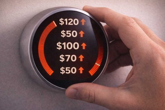 A hand adjusts a round thermostat displaying rising dollar amounts ($120, $100, $70, $50) with upward red arrows, symbolizing how smart home devices cost more and lead to increasing energy costs.