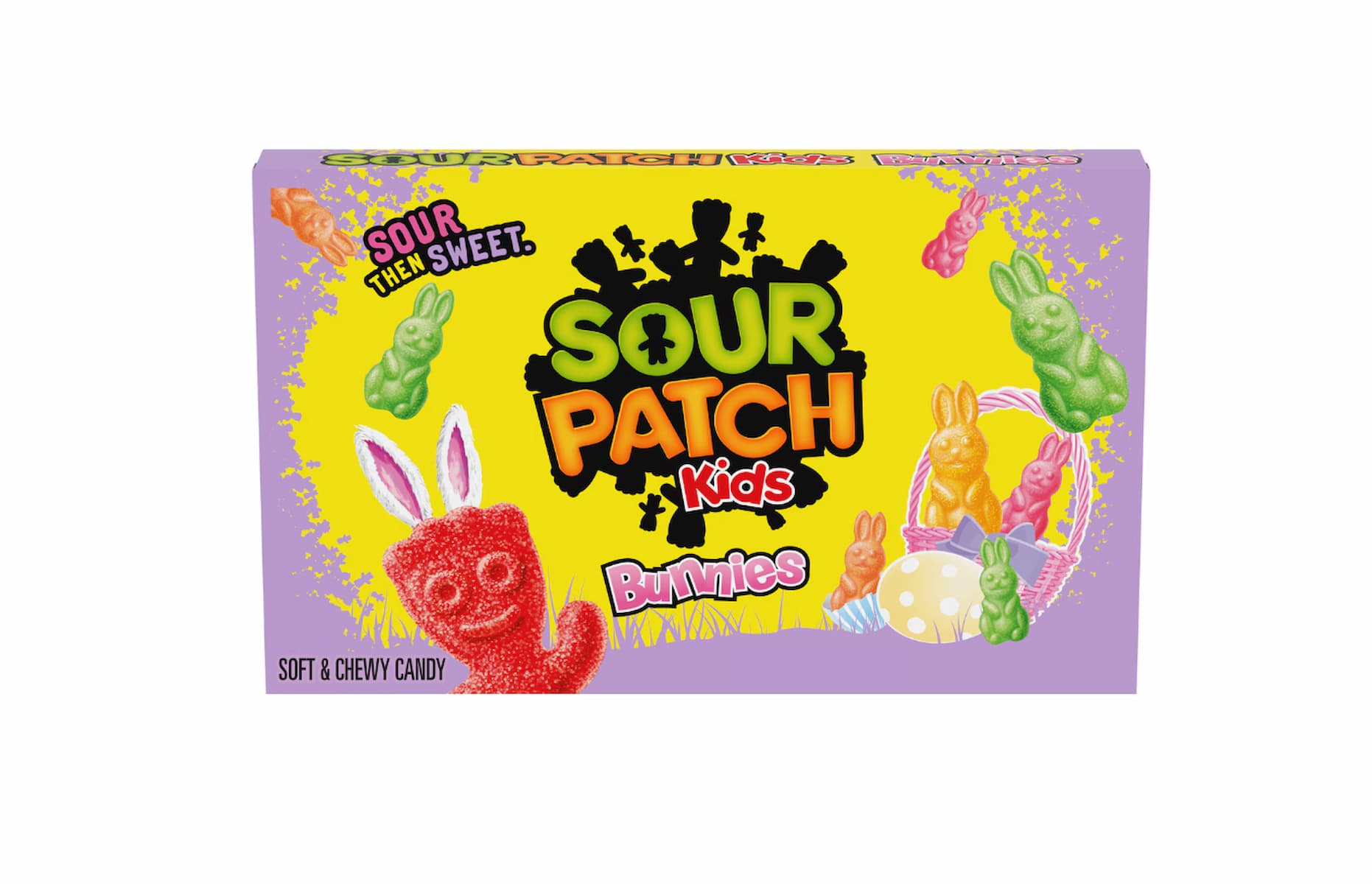 A box of Sour Patch Kids Bunnies candy with colorful images of bunny-shaped gummies and Easter decorations on a yellow and purple background.