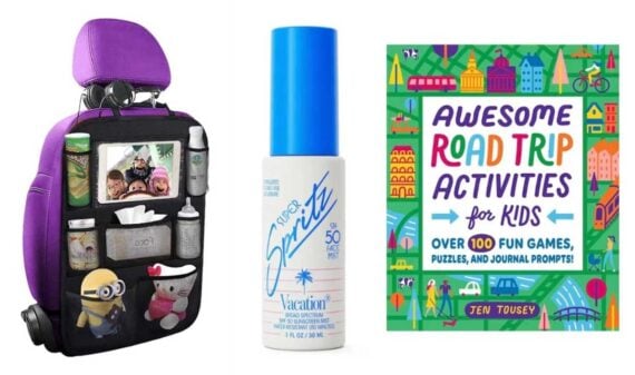 A car seat organizer with toys and drinks, a blue and white bottle of sunscreen, and a colorful book titled &ldquo;Awesome Road Trip Activities for Kids&rdquo; are shown side by side&mdash;perfect essentials for your spring break adventure.